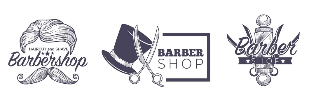 Haircut and shave for men, barber shop logotypes