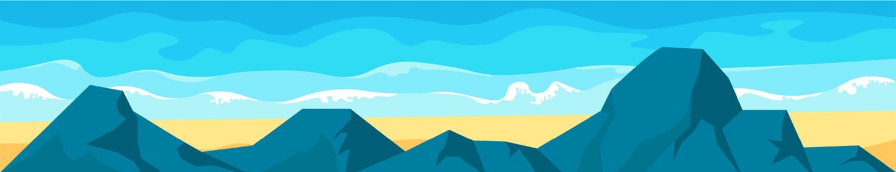 Mountains range with peaks and beach, tropical landscape with panoramic seascapes and summits. Ocean or sea summer water and nature. Wilderness and natural paradise. Vector in flat style illustration