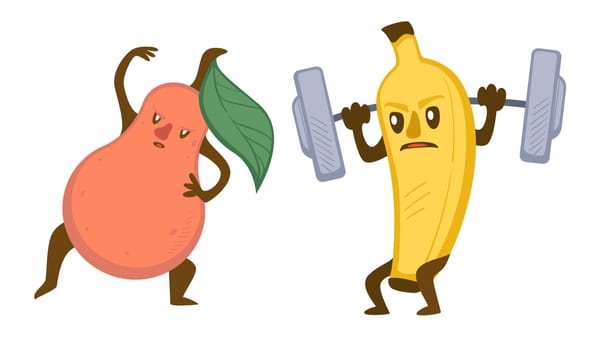 Cute sportive fruits, banana and pear working out