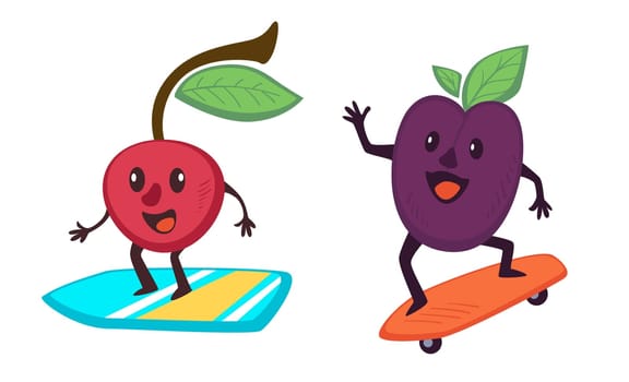 Sportive and active fruit characters on skateboard