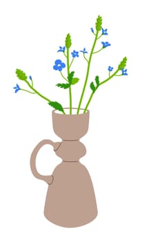 Blooming wildflowers with stems and leaves in vase