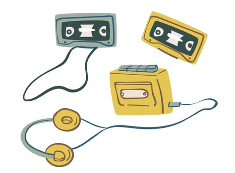 Walkman with headphones and casettes, vectors