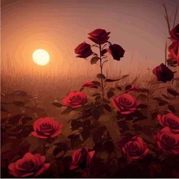 Dark fabulous field red roses and mysterious nature against background bright