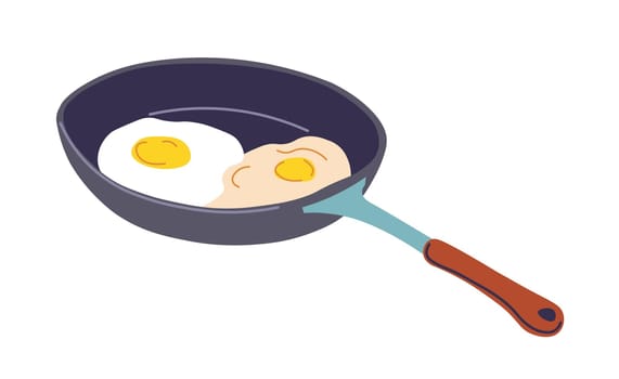Frying pan with eggs, cooking dishes on breakfast