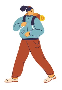Woman wearing comfy clothes trekking or hiking