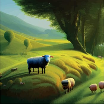 Flock sheep grazes on green meadow against background trees, countryside summer landscape, vector illustration