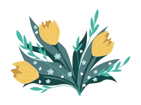 Bouquet of tulips with branches and leaves vector