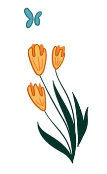 Tulips with leaves and flying butterfly, nature