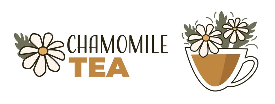 Organic and natural chamomile tea in cup, label