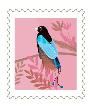Postal card or mark with exotic bird and leaves