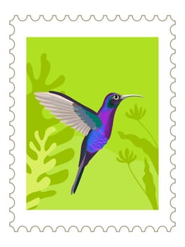 Colibri bird and tropical vegetation postmark