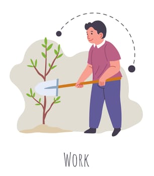 Kid with down syndrome working in garden, vector