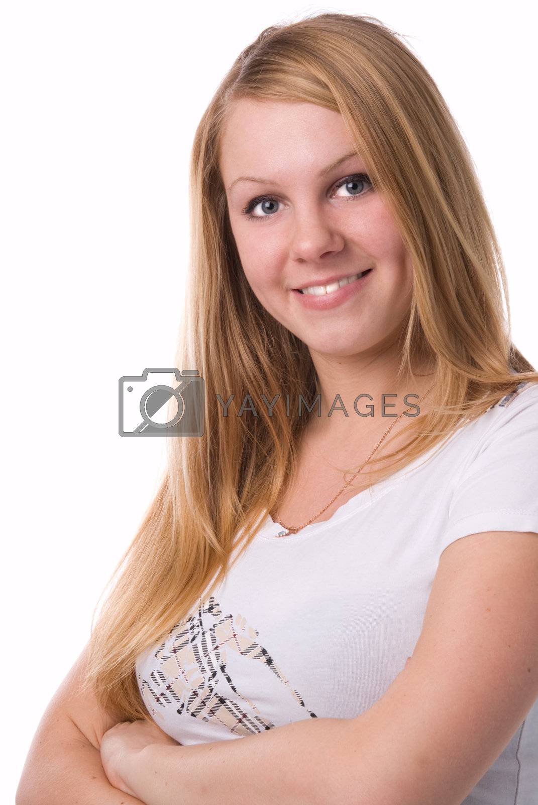 Royalty free image of A smiling blonde on white background in studio. by andyphoto