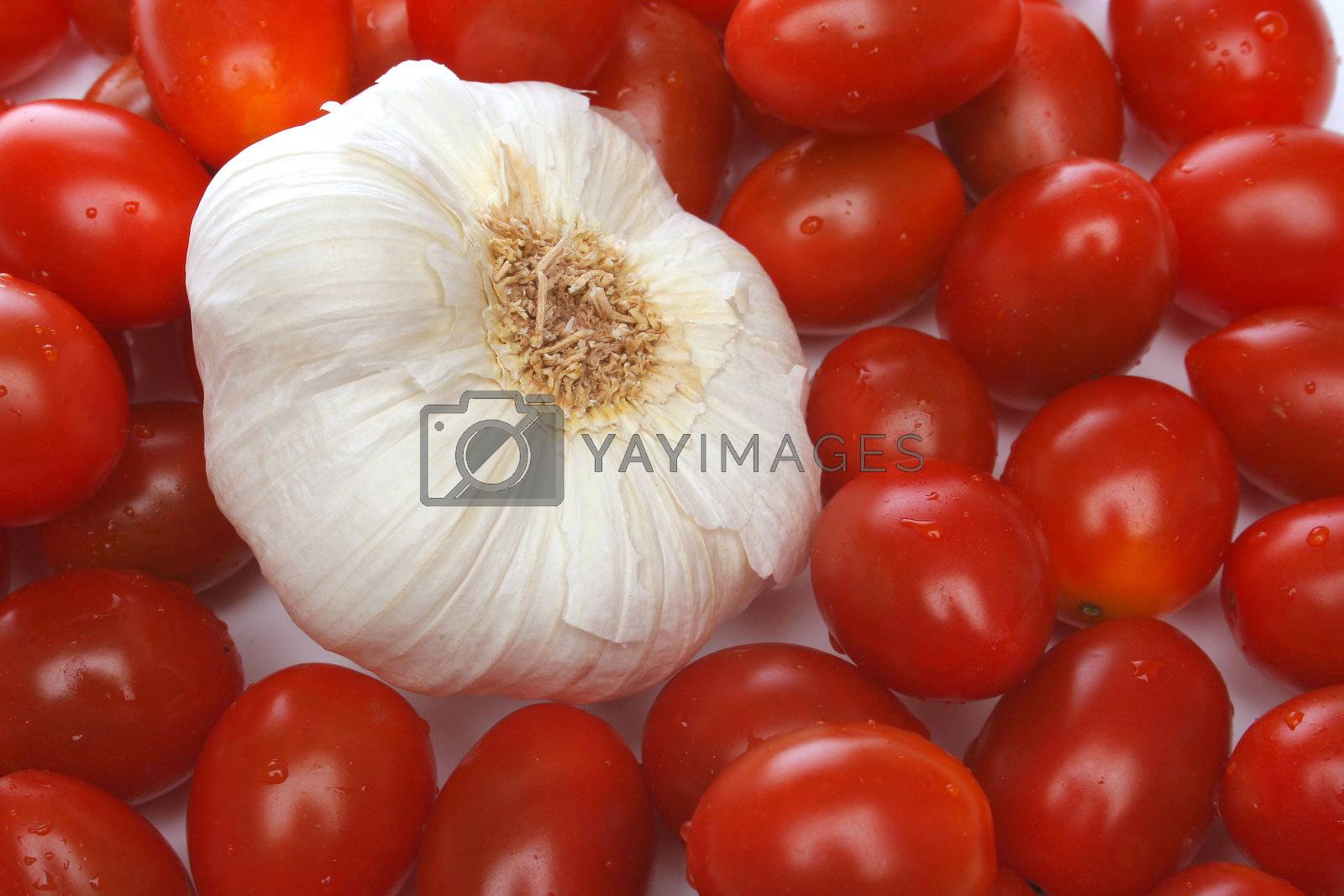 Royalty free image of Garlic surrounded by cherry tomatoes by Erdosain