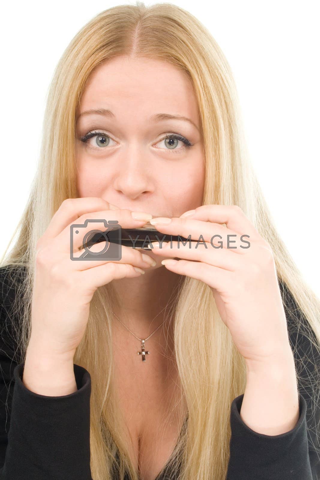 Royalty free image of beautiful blond woman with a harmonica by marylooo