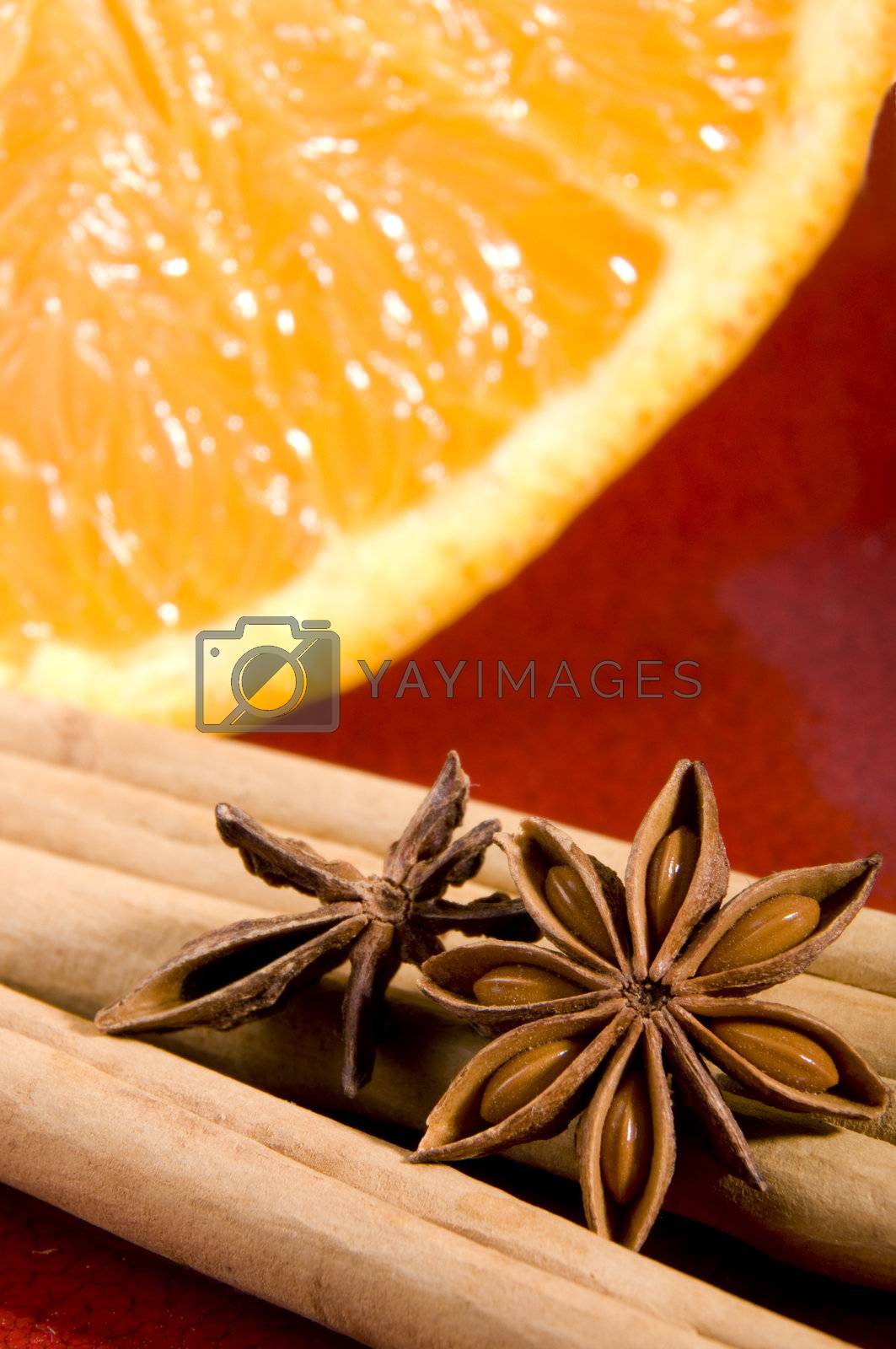 Cinnamon, anise and orange close up composition