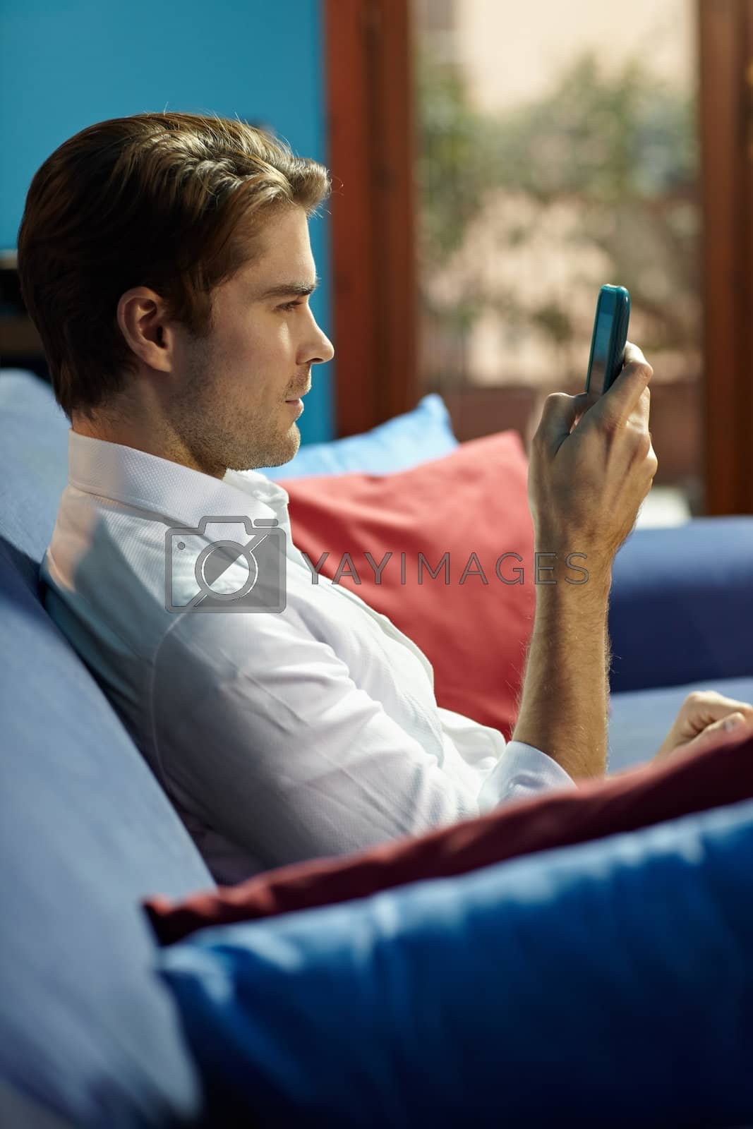 Royalty free image of man typing sms on cellphone by diego_cervo