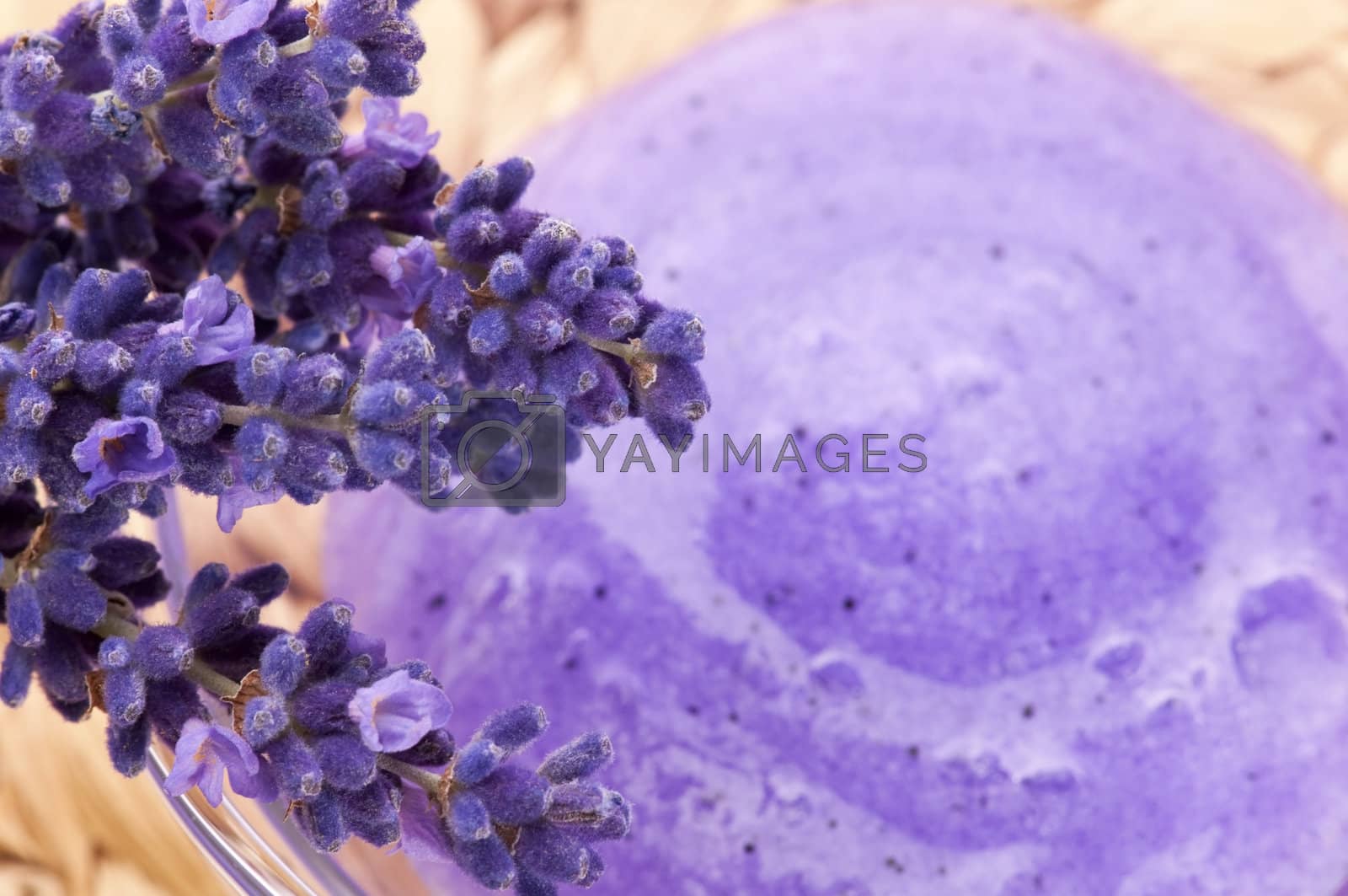 Royalty free image of Lavender flowers and jar of glass with peeling by joannawnuk