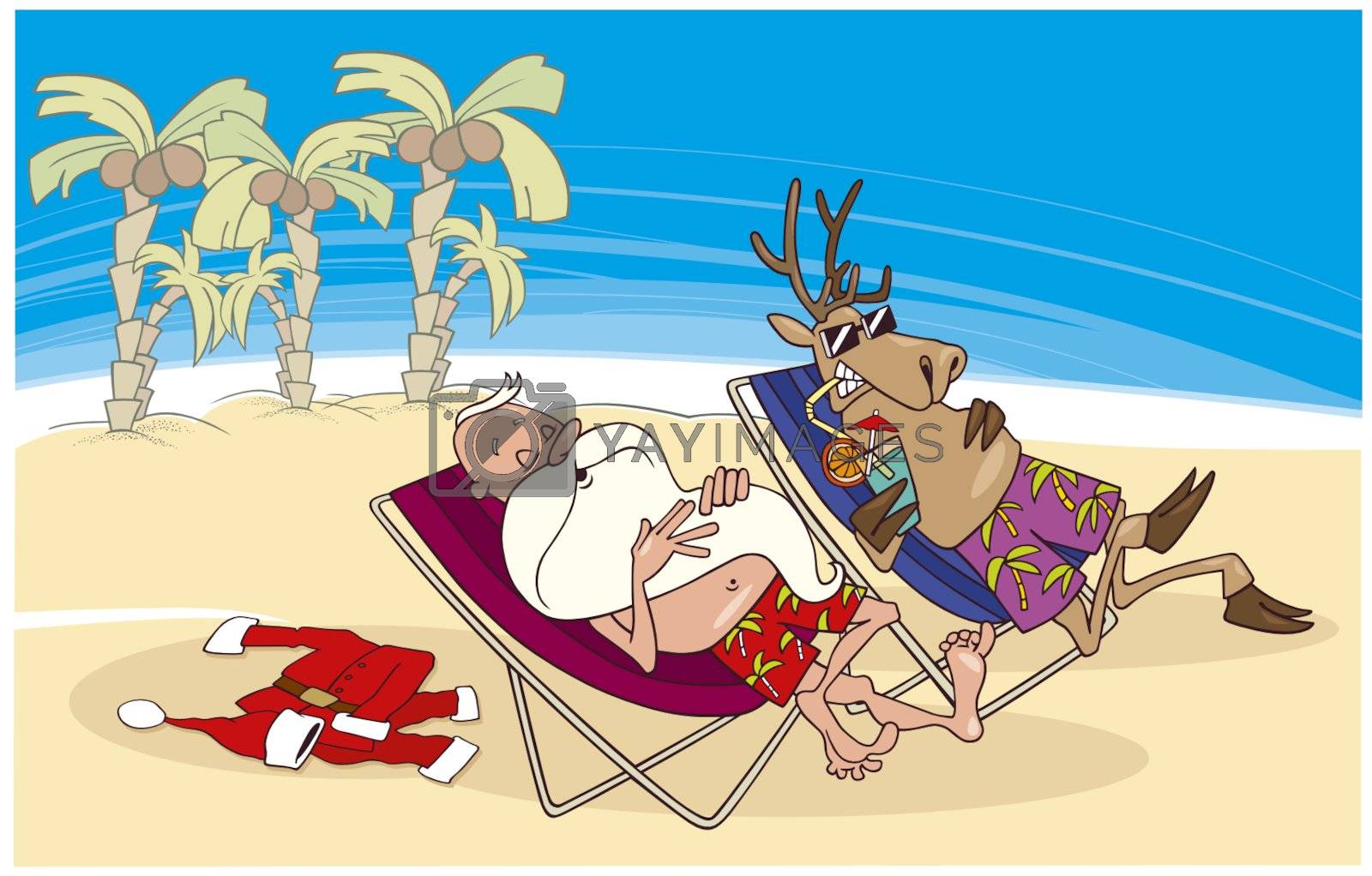 Royalty free image of santa and reindeer having a rest on the beach by izakowski