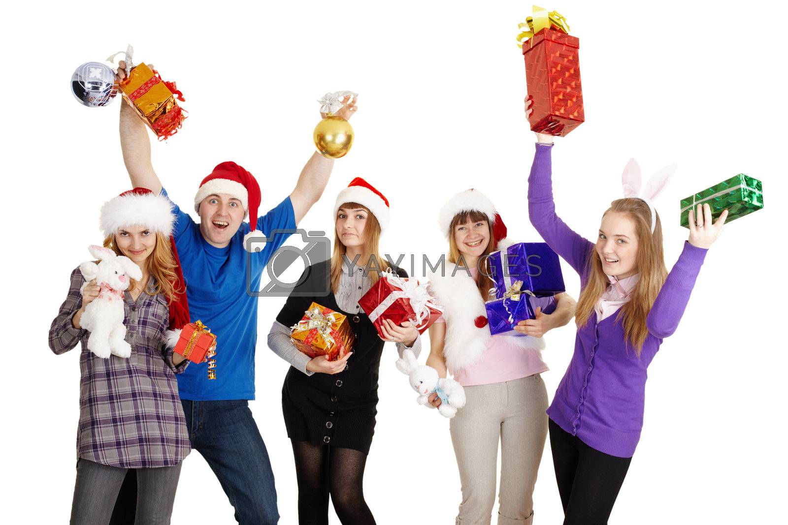 Royalty free image of Happy company with New Year's gifts in hands by pzaxe
