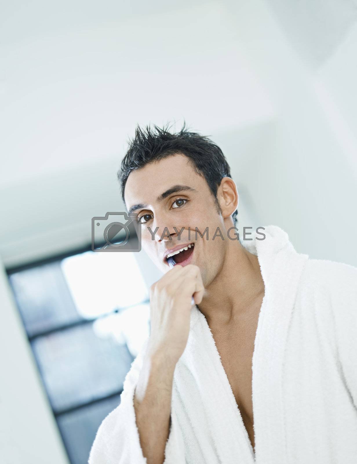 caucasian adult man with bathrobe brushing teeth in bathrooom and looking at camera. Vertical shape, waist up, copy space