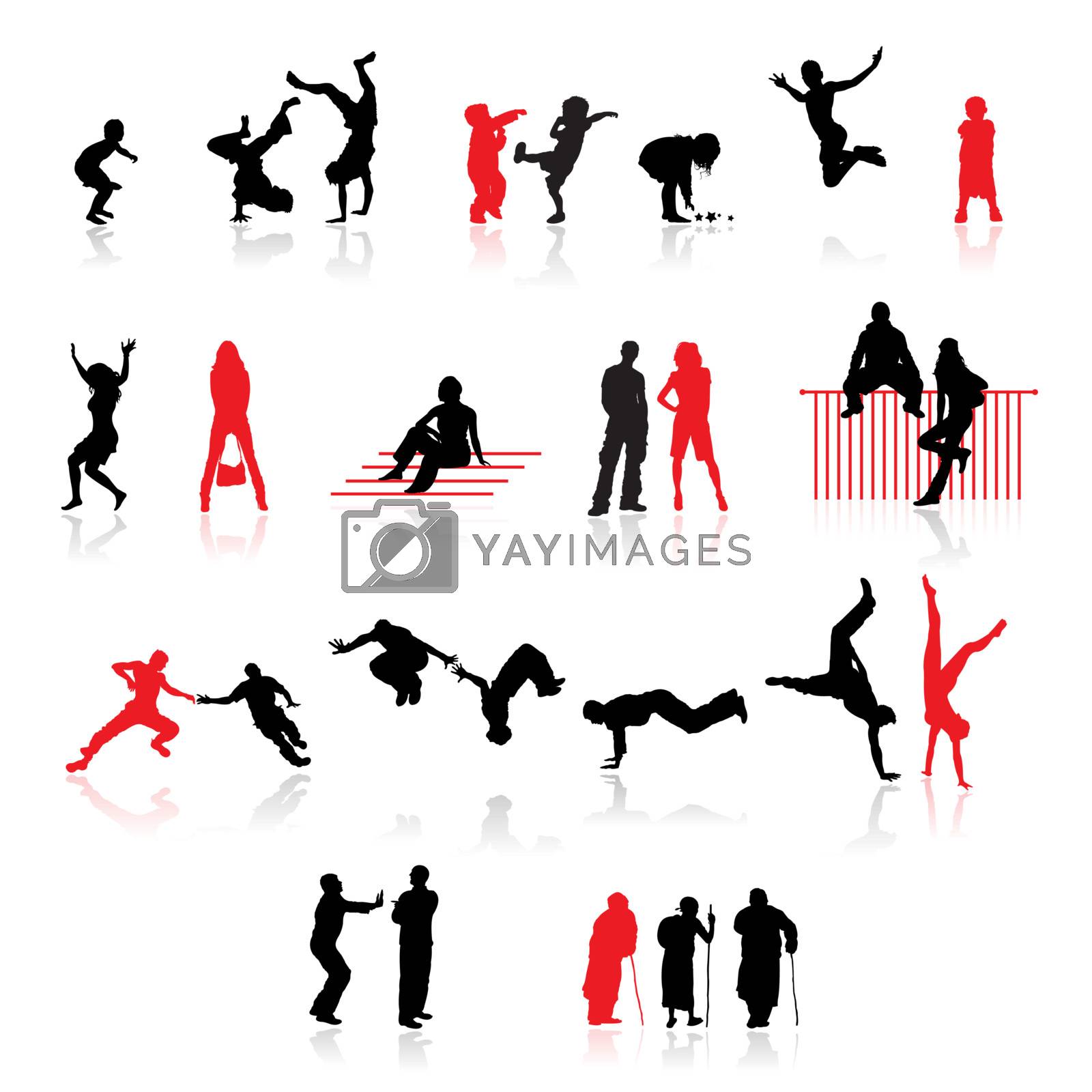 Royalty free image of Silhouettes of people: fun children, couples, sport, old age by Kudryashka