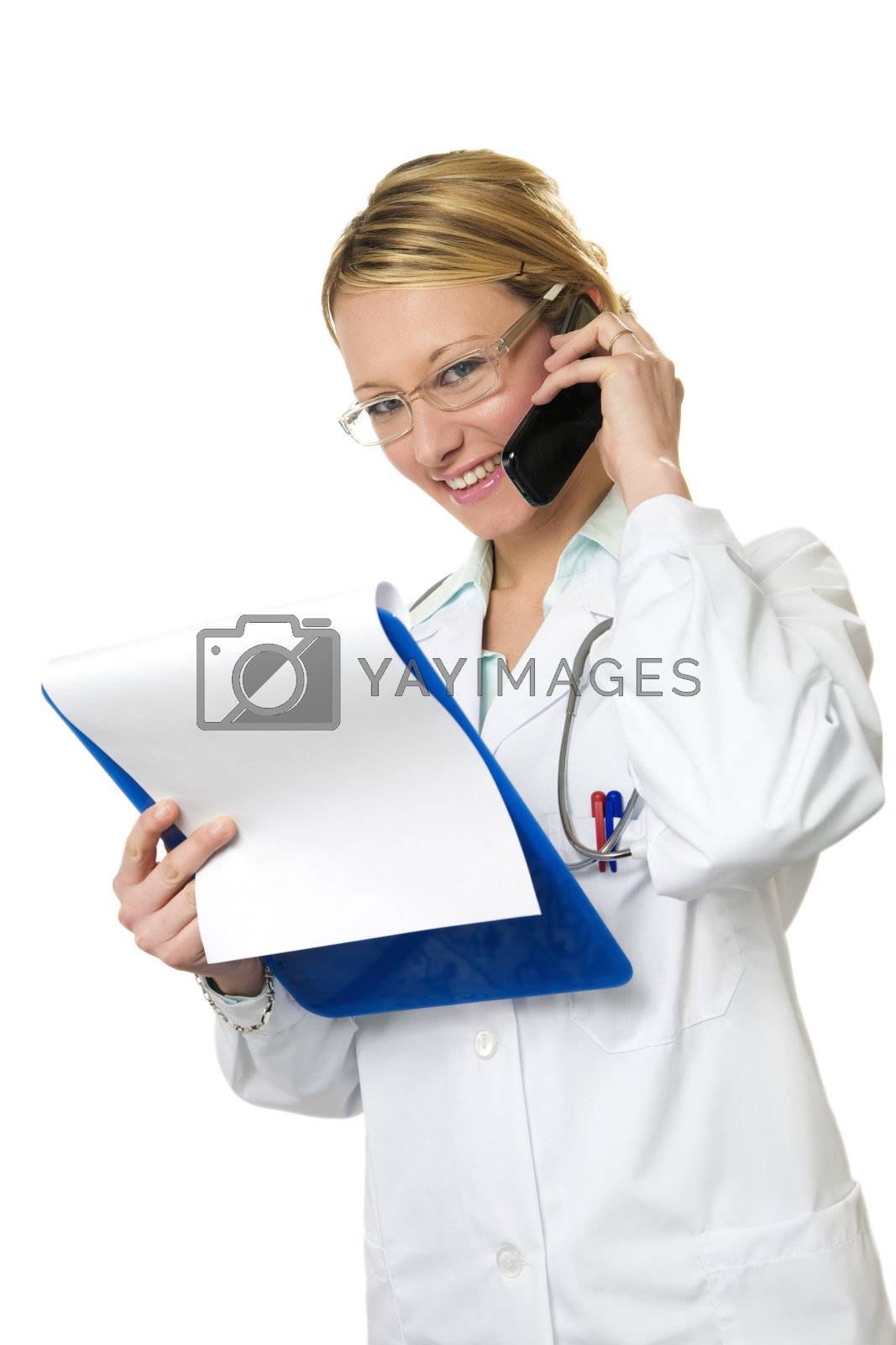 healthcare and medicine: young doctor talking on the phone