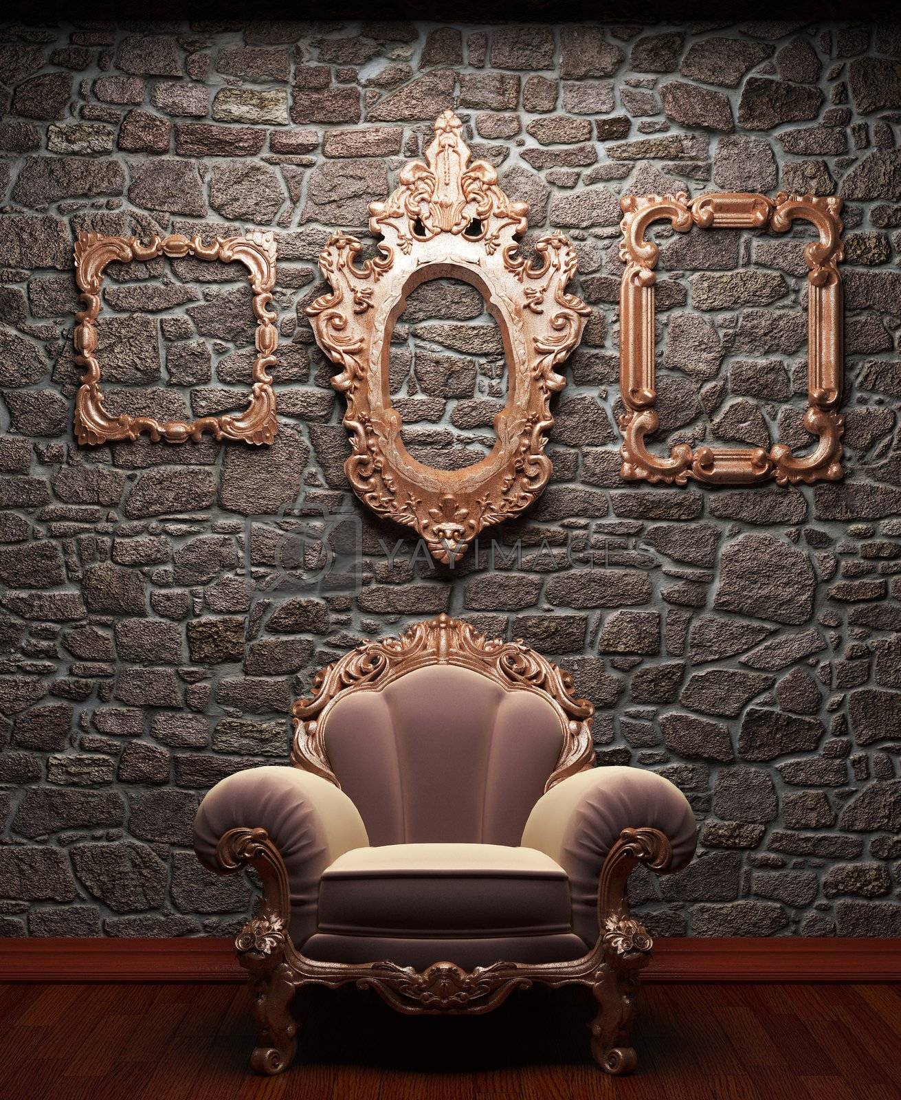 Royalty free image of illuminated stone wall and chair by icetray
