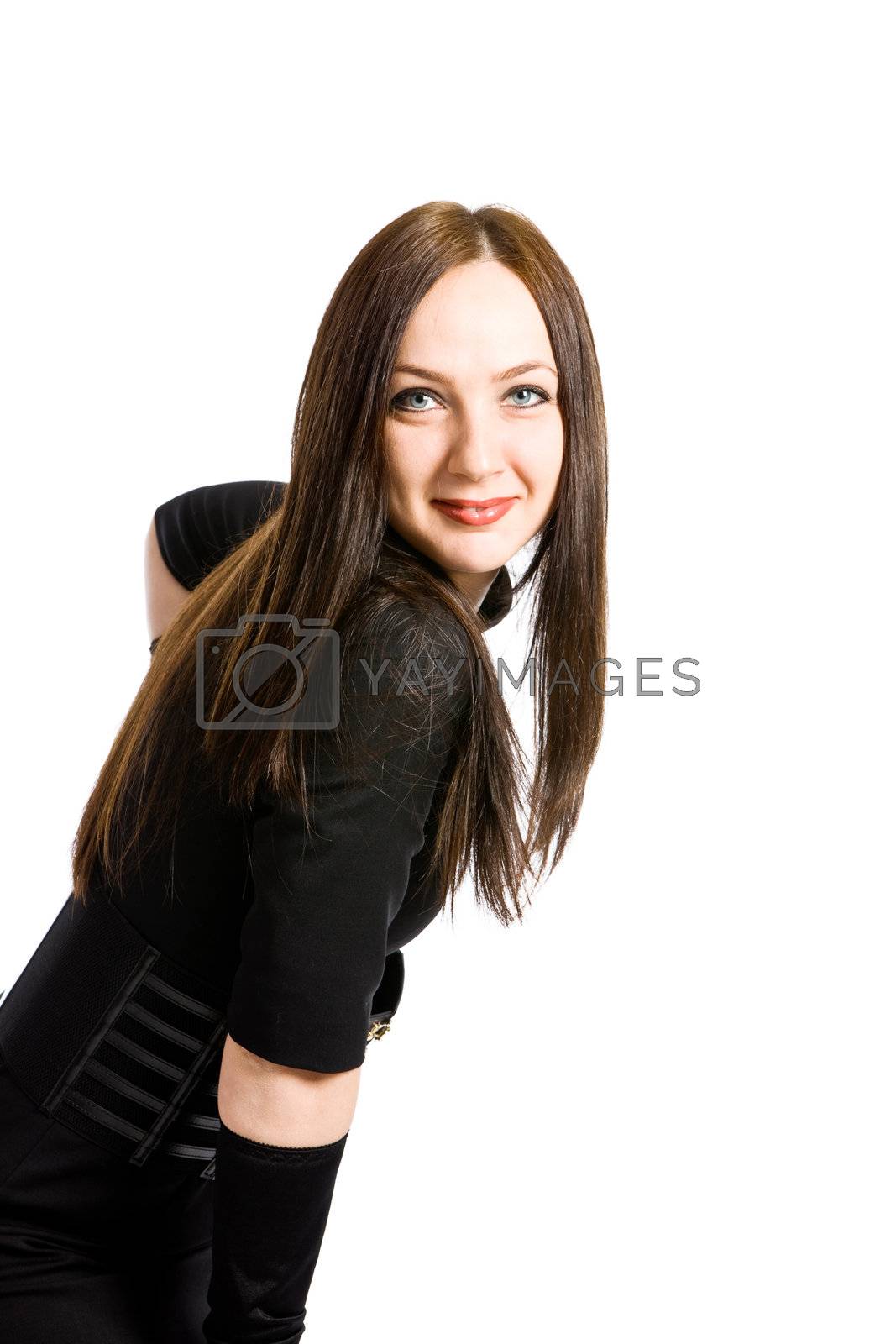 photo of young elegant woman wearing black dress on white background
