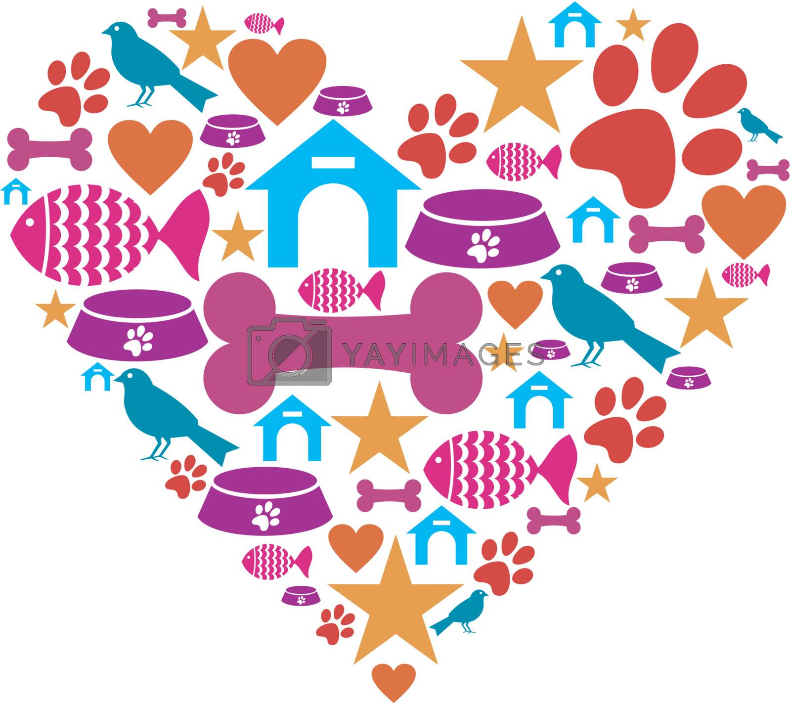 Heart shape made with pets care icons set.