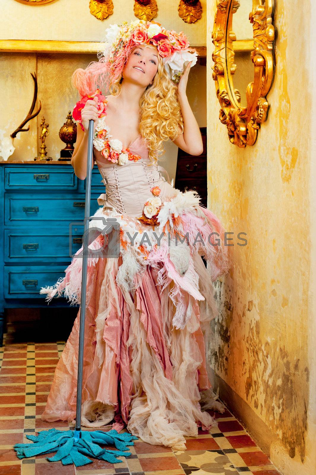 Royalty free image of baroque fashion blonde housewife woman mop chores by lunamarina