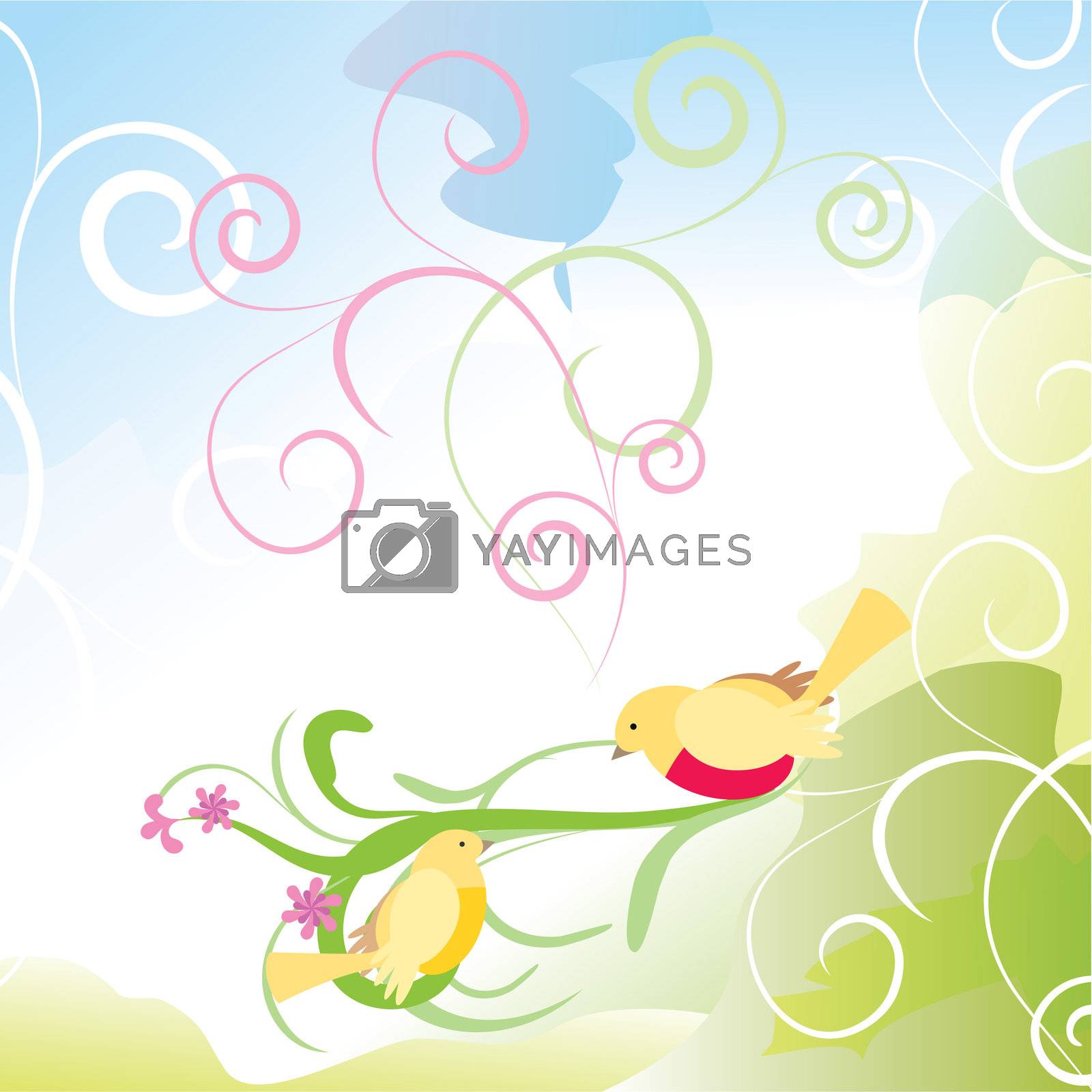 Royalty free image of yellow birds in the garden abstract cartoon curves vector illust by CherJu