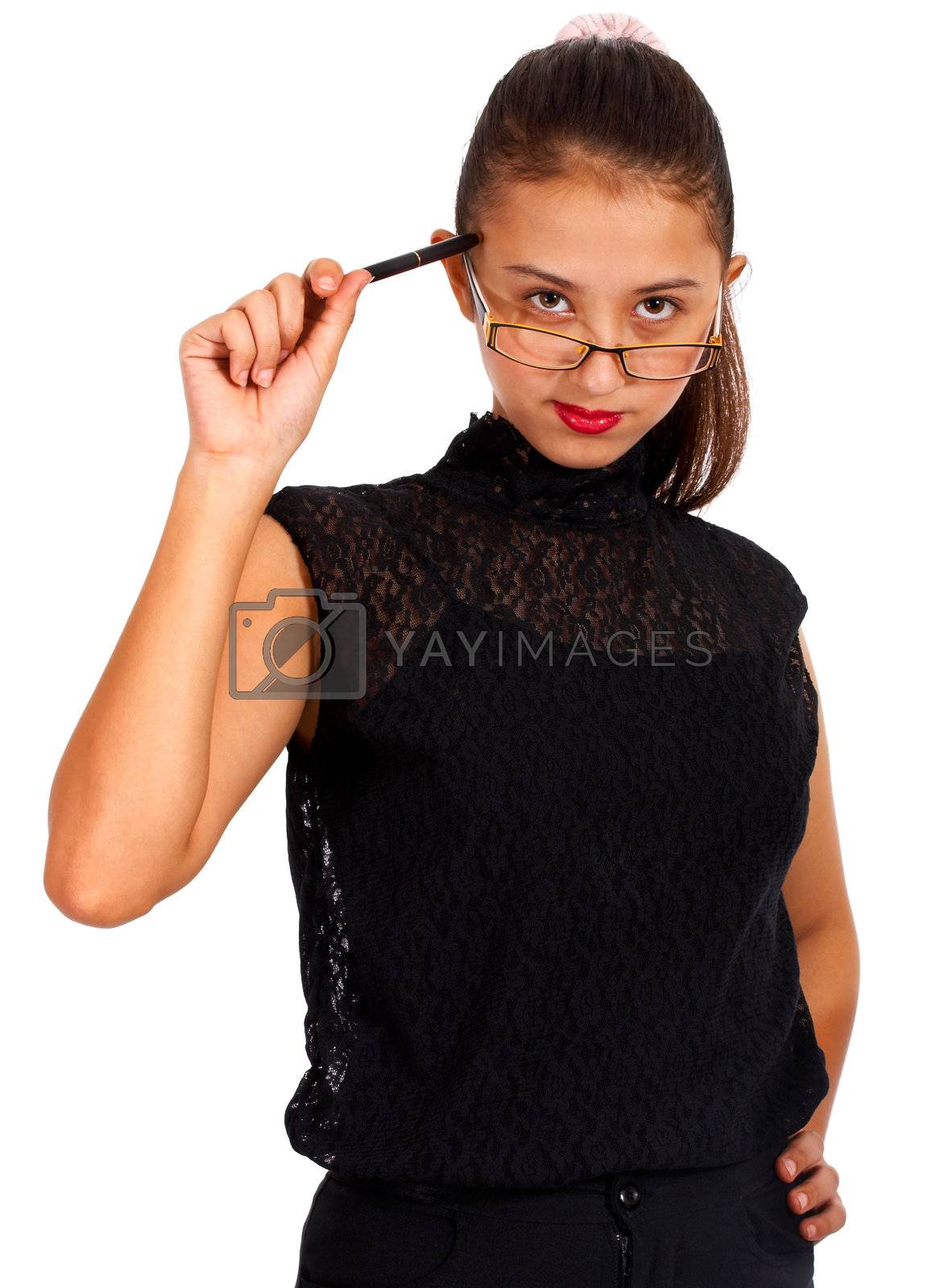 Confident Woman With Serious Expression Making A Presentation