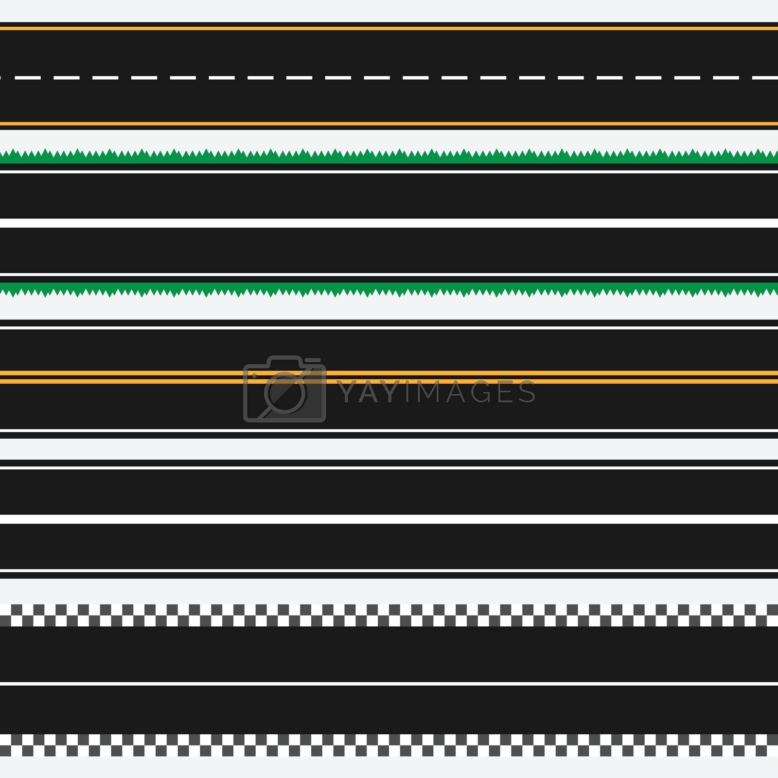 Template set of straight asphalt roads. Seamless road background. Different types of roads. Track. Grass road. Vector