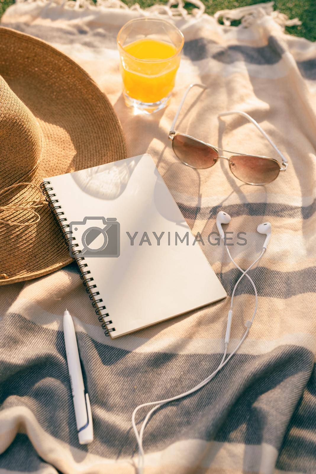 Royalty free image of summer picnic in nature with diary and fruits by makidotvn