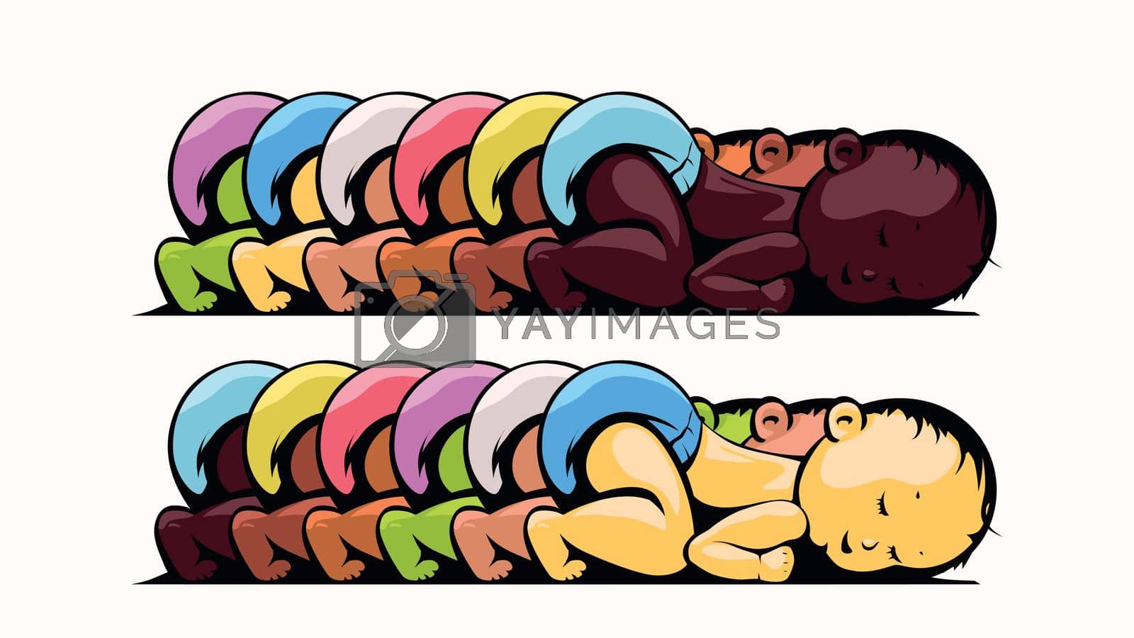 illustration of group multiracial sleeping kids side view isolated on white background