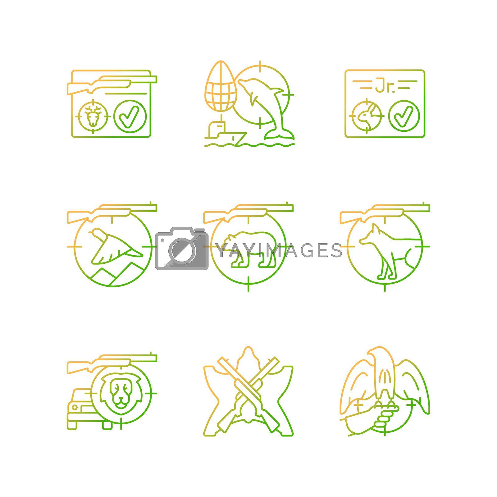 Wild animals hunting gradient linear vector icons set. Big and small game hunting. Capture prey. Hunt license. Thin line contour symbols bundle. Isolated outline illustrations collection