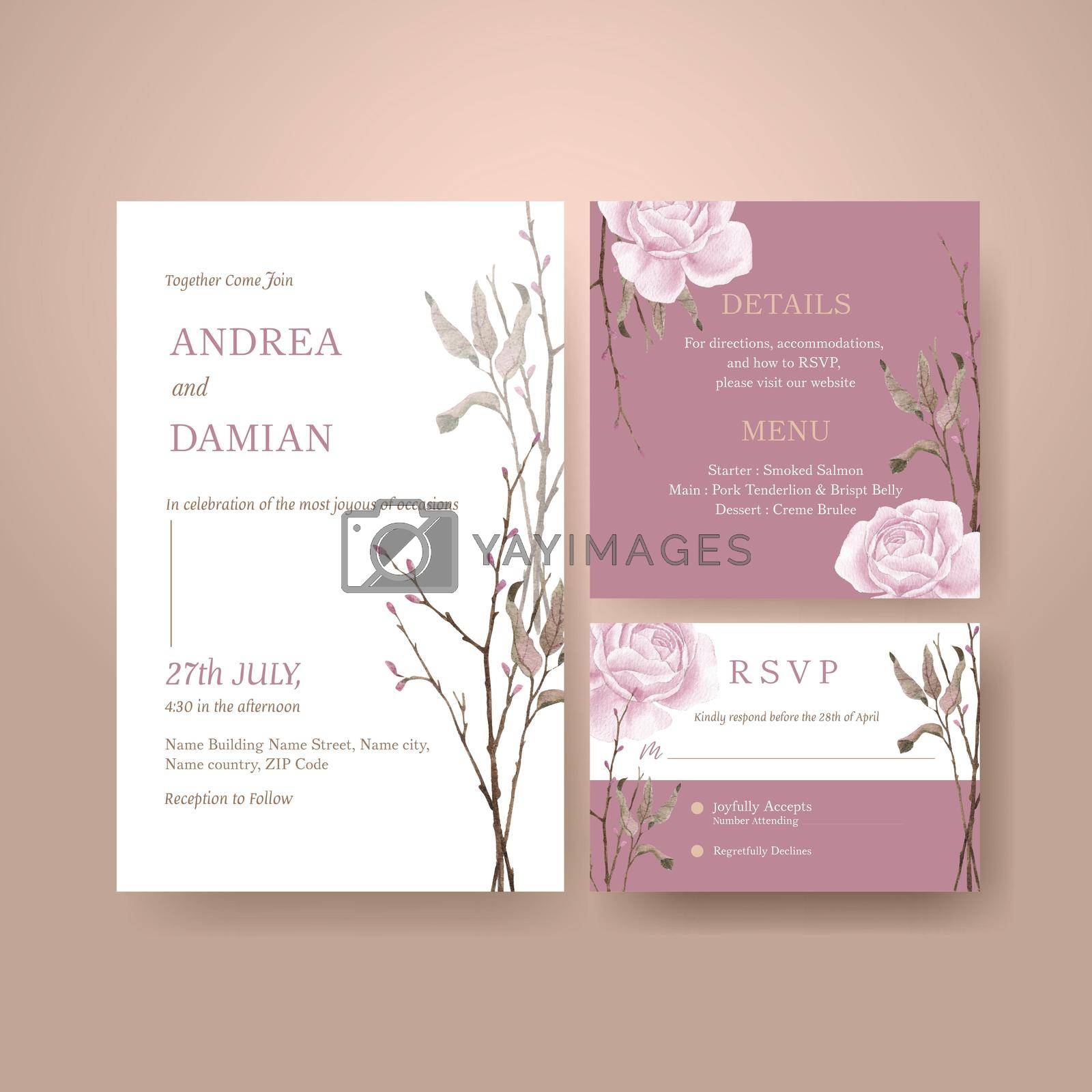 Royalty free image of Wedding card template with lilac violet wedding concept,watercolor style by Photographeeasia