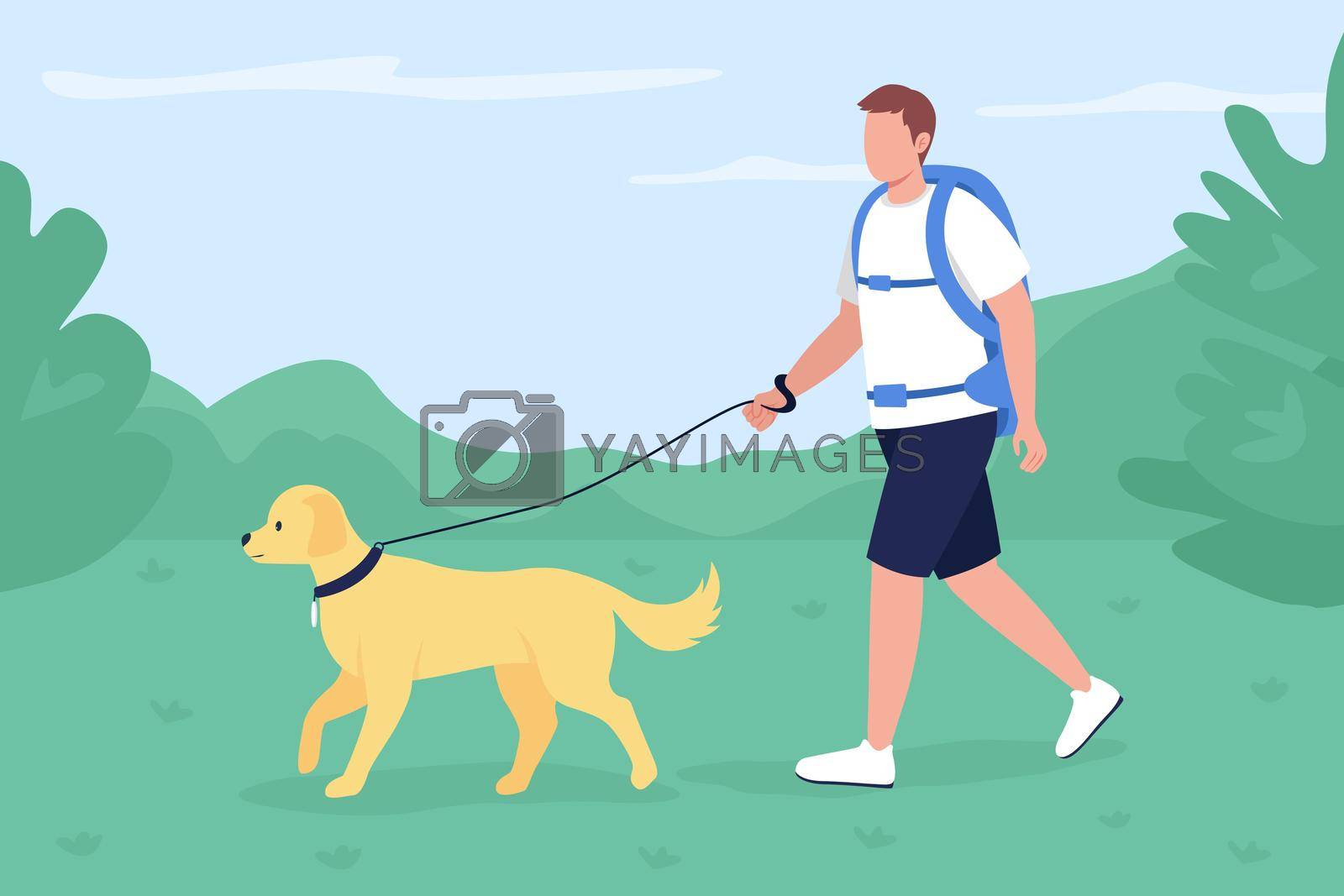 Trekker walk with dog in countryside flat color vector illustration. Man with labrador exploring trail in countryside. Backpacker 2D cartoon character with panoramic mountains on background