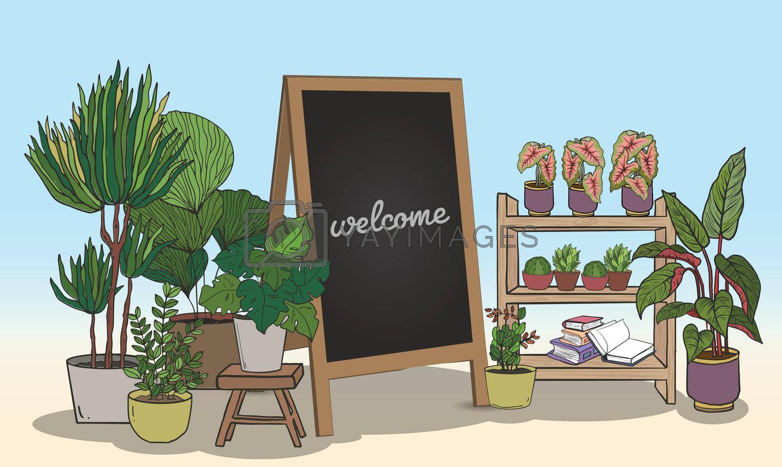 Royalty free image of Potted plants with Black board for writing messages by Auchara