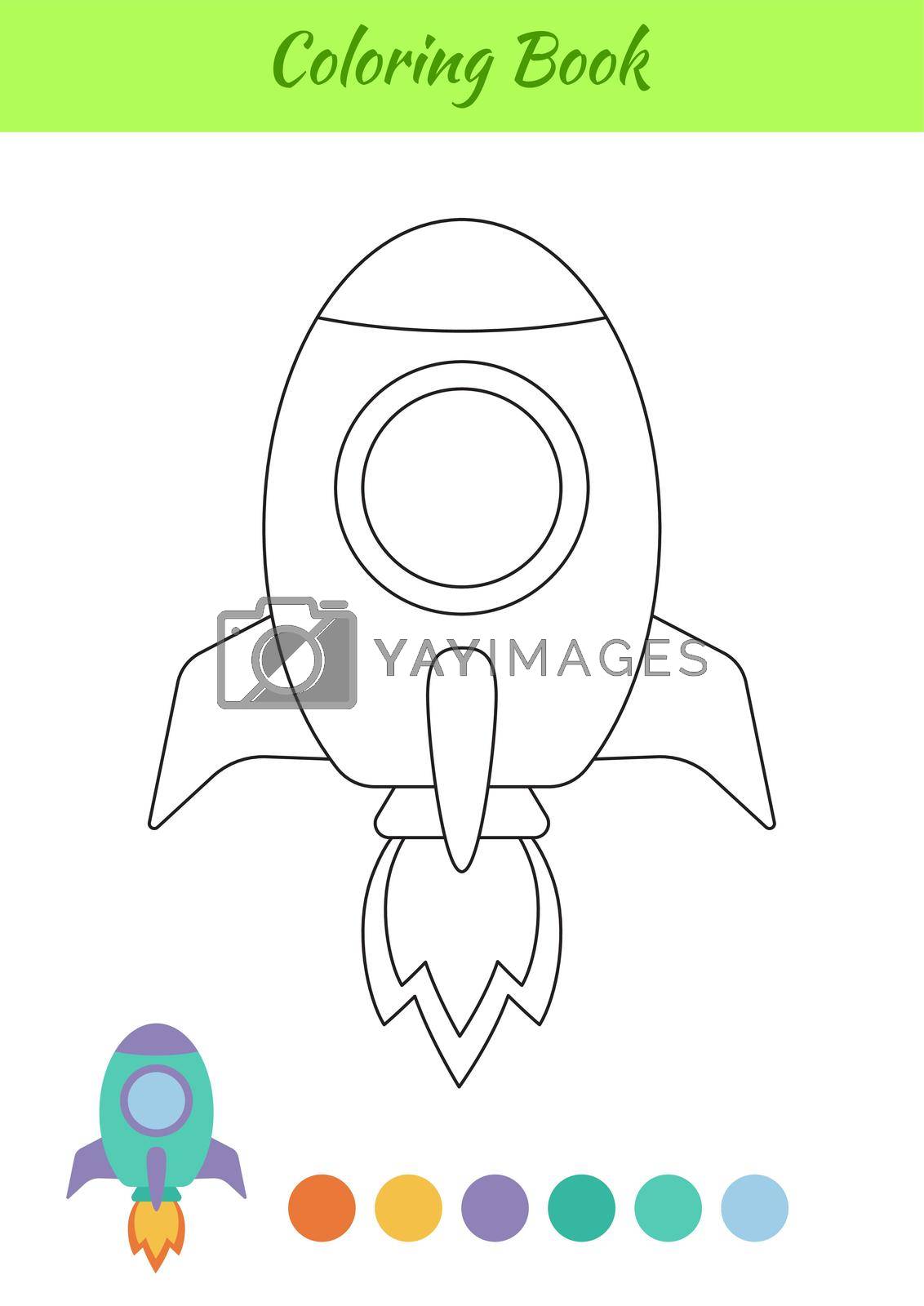 Coloring book rocket for kids. Printable worksheet. Educational activity page for preschool years kids and toddlers with transport. Cartoon colorful vector illustration.