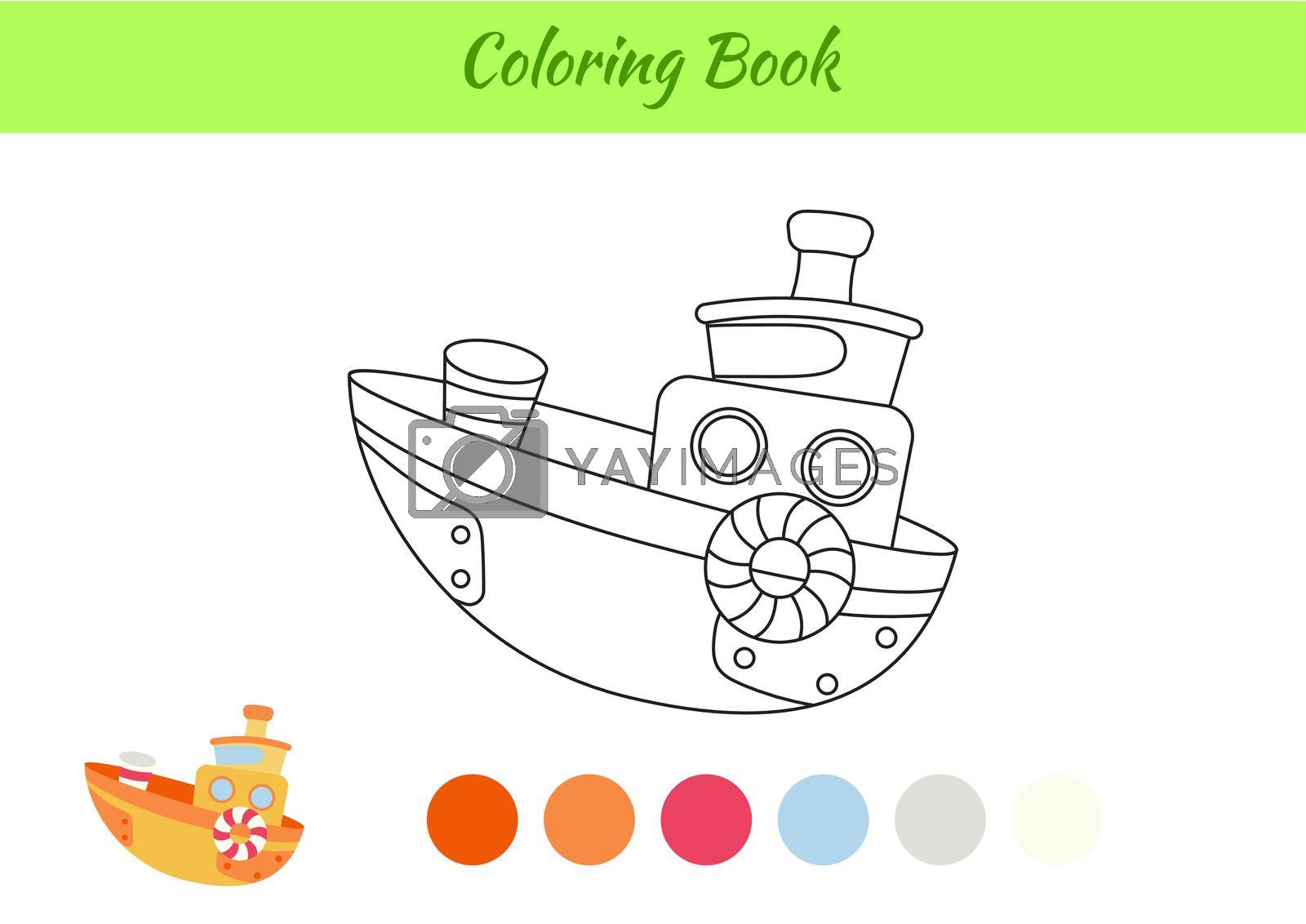 Coloring book ship for kids. Educational activity page for preschool years kids and toddlers with transport. Printable worksheet. Cartoon colorful vector illustration.