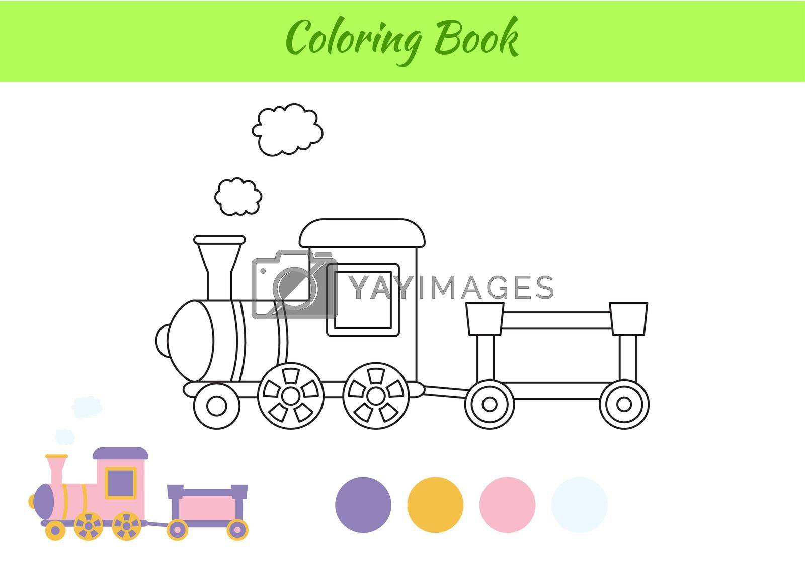 Coloring book train for kids. Educational activity page for preschool years kids and toddlers with transport. Printable worksheet. Cartoon colorful vector illustration.