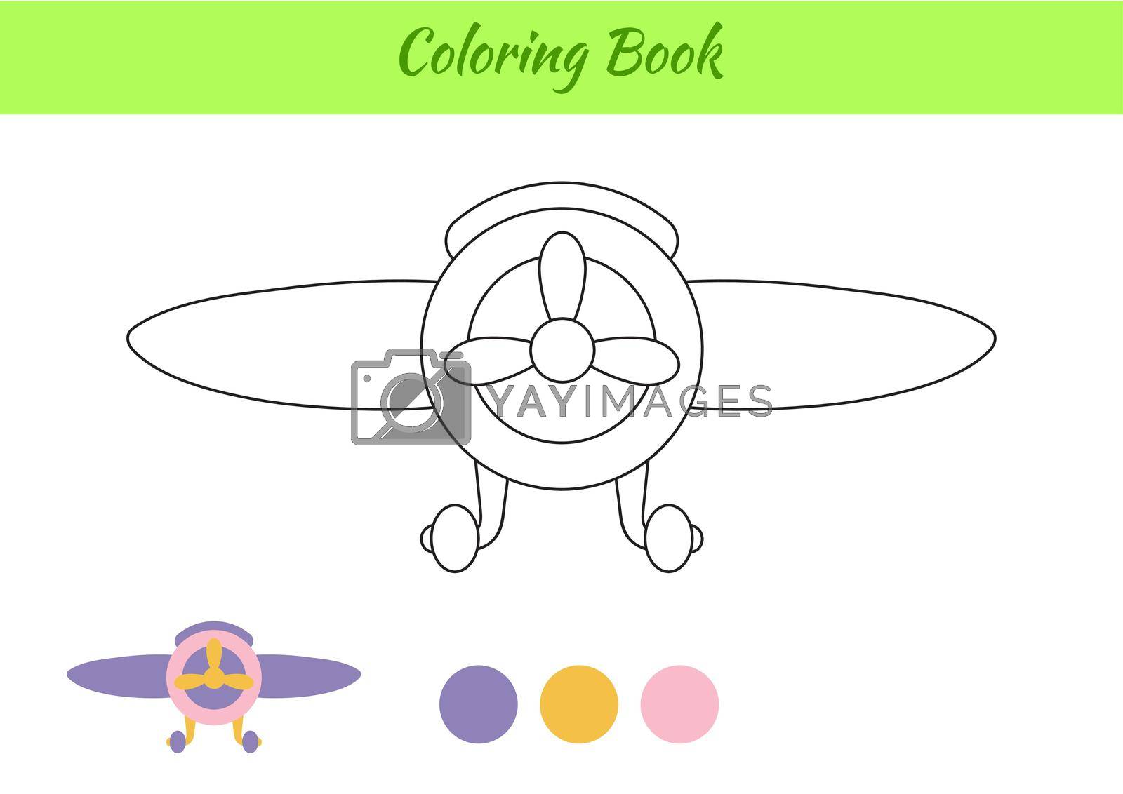 Coloring book plane for children. Educational activity page for preschool years kids and toddlers with transport. Printable worksheet. Cartoon colorful vector illustration.