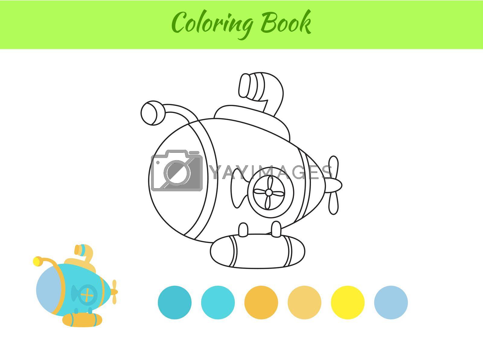 Coloring book submarine ship for kids. Educational activity page for preschool years kids and toddlers with transport. Printable worksheet. Cartoon colorful vector illustration.