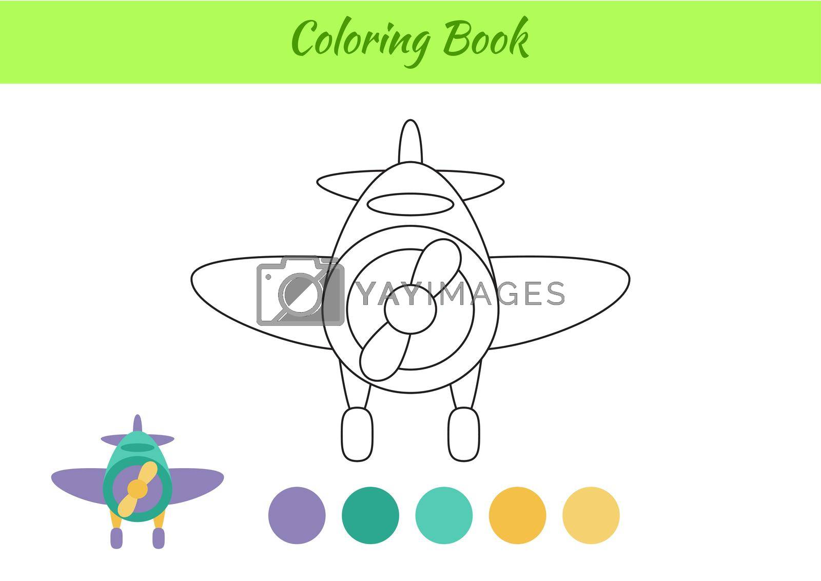 Coloring book airplane for children. Educational activity page for preschool years kids and toddlers with transport. Printable worksheet. Cartoon colorful vector illustration.