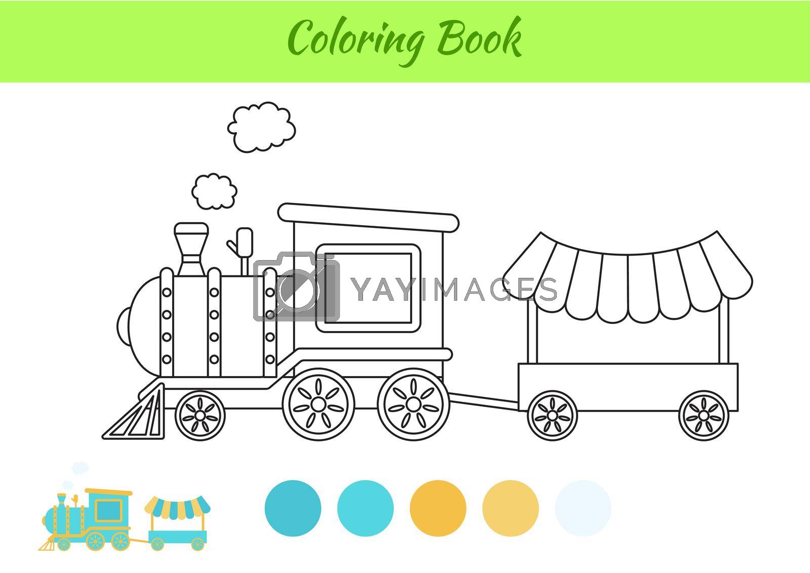 Coloring book train for kids. Printable worksheet. Educational activity page for preschool years kids and toddlers with transport. Cartoon colorful vector illustration.