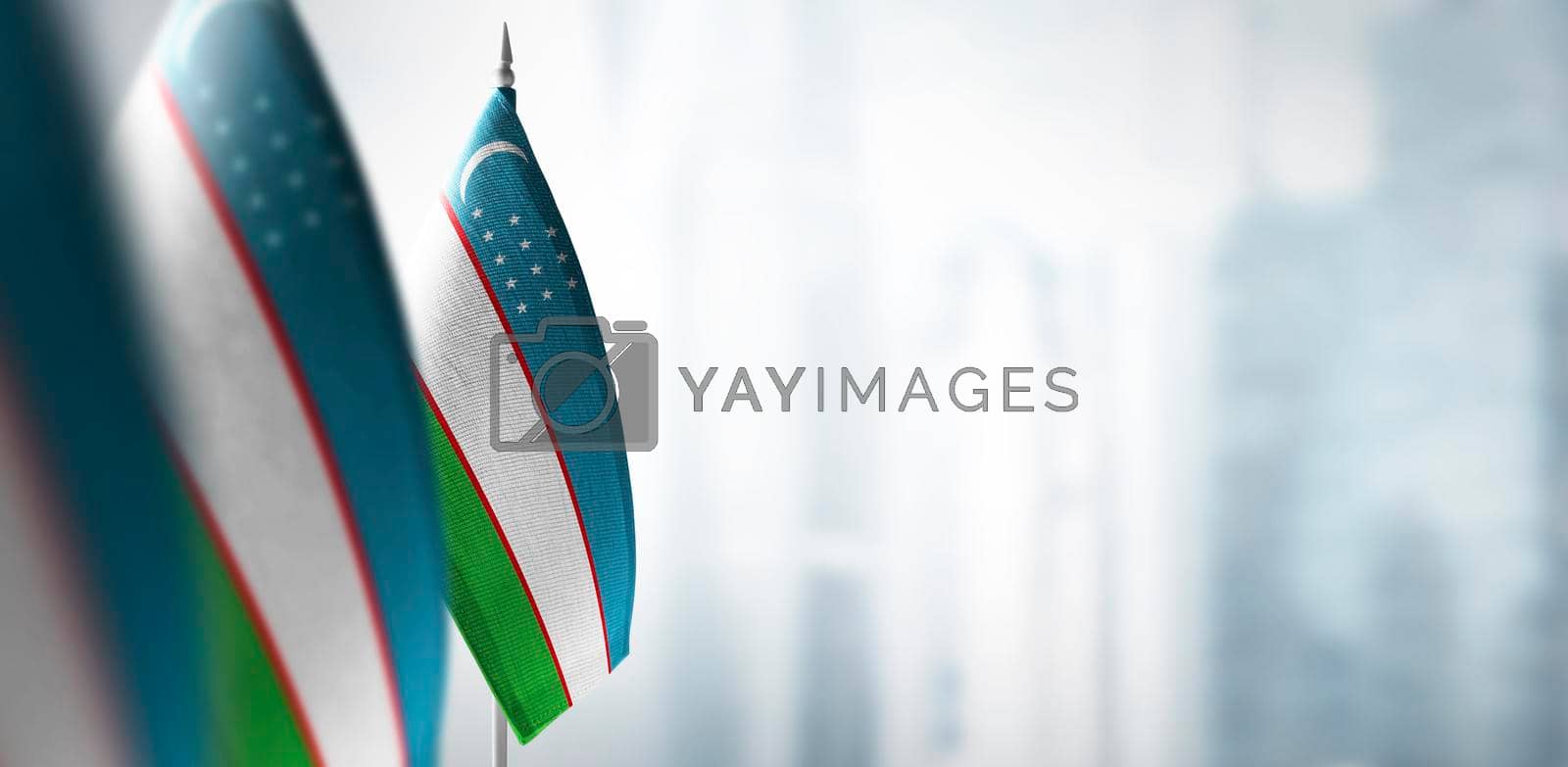 Royalty free image of Small flags of Uzbekistan on a blurry background of the city by butenkow