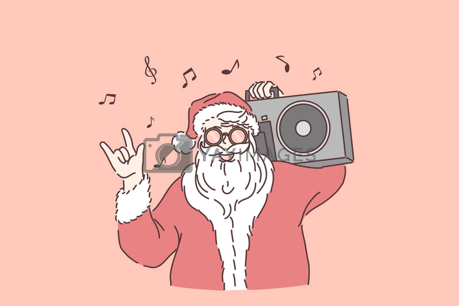Winter holiday celebration concept. Stylish Santa Claus with boombox on shoulder, santa listening to music, showing rock n roll gesture, new year and Christmas party. Simple flat vector