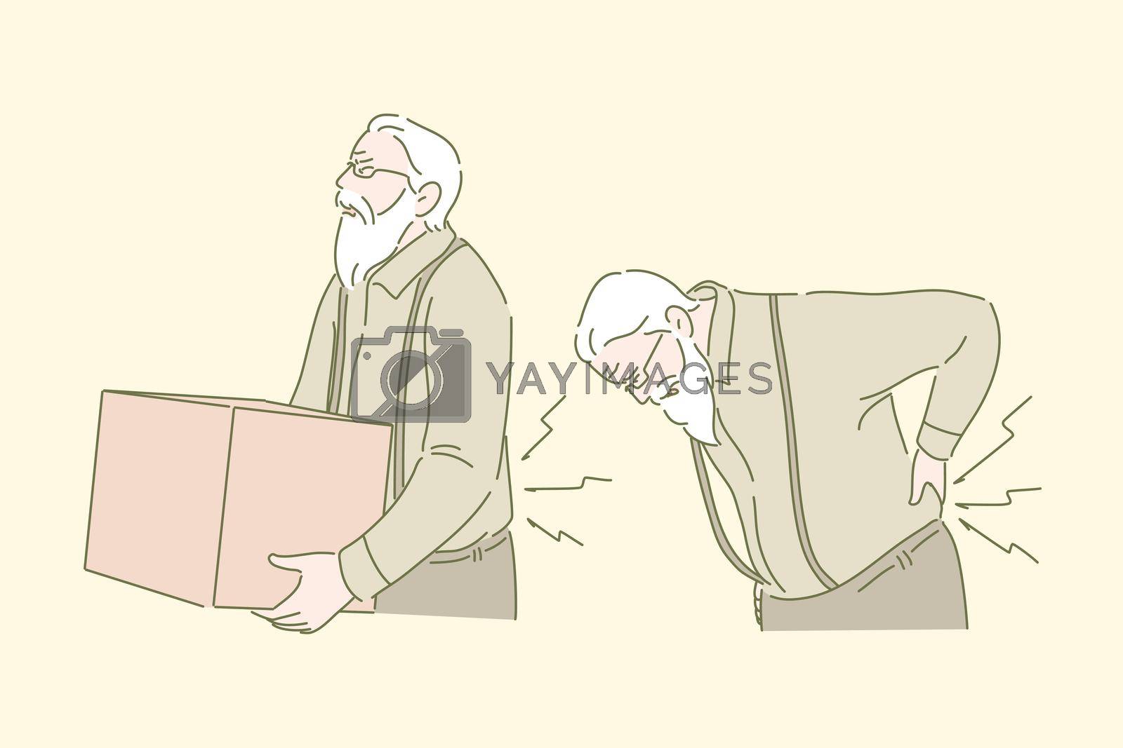 Weight lifting, back ache, healthcare concept. Senile disease, medical contraindication, old man with box, grandfather carrying heavy load, graybeard suffering from pain. Simple flat vector